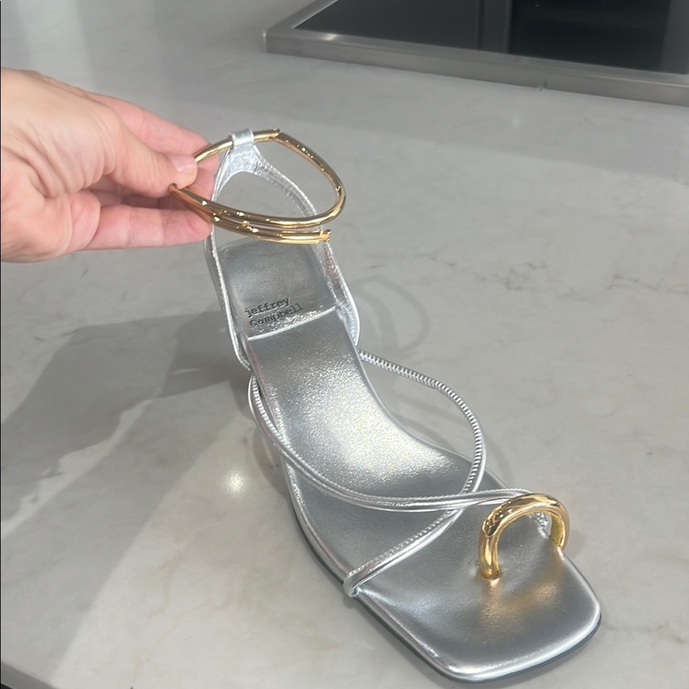Jeffrey Campbell Silver Metallic Strappy Sandals with Gold Rings - Picture 1 of 5